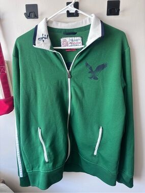 American Eagle Vintage Green Eagle Zip-Up Track Jacket with White Trim y2k